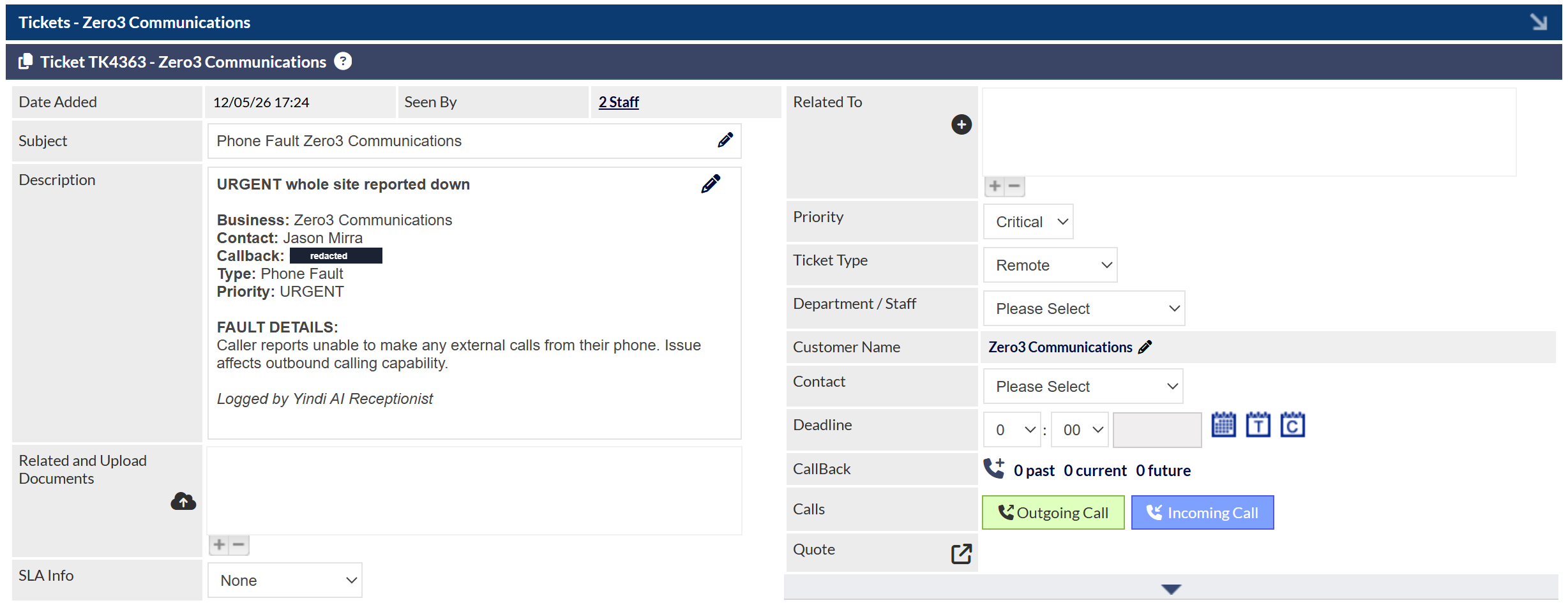 CommTrak fault ticket logged by Yindi AI Receptionist for Zero3 Communications